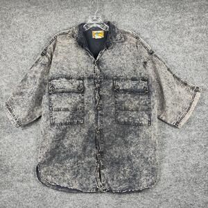 Circus Maximus Shirt Mens Medium Gray Denim Button Front Acid Wash Short Sleeve